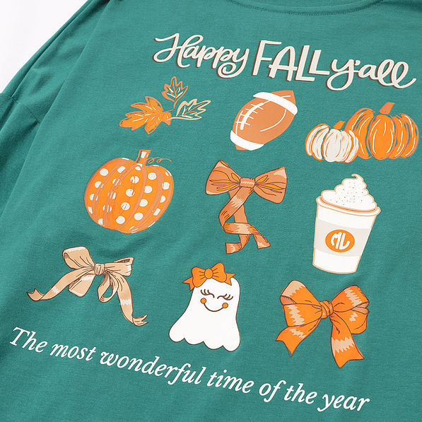 close up of teal fall t-shirt graphic