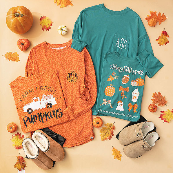 monogrammed fall t-shirts in pumpking & teal