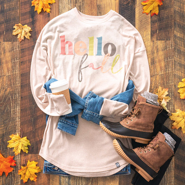hello fall long sleeve t-shirt with jean jacket and duck boots