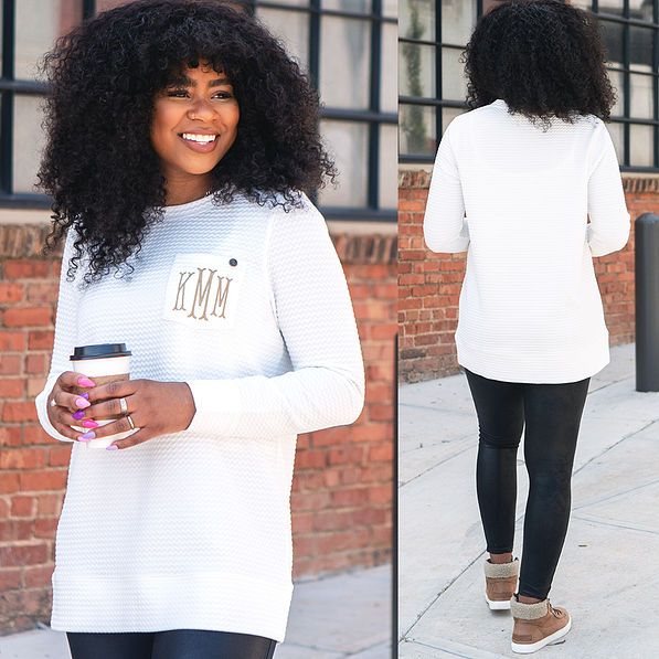 front and back of monogrammed quilted sweatshirt