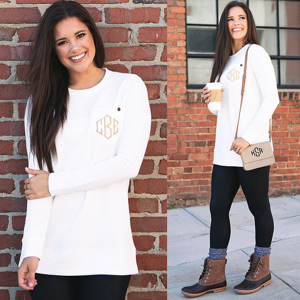 split image of monogrammed quilted sweatshirt