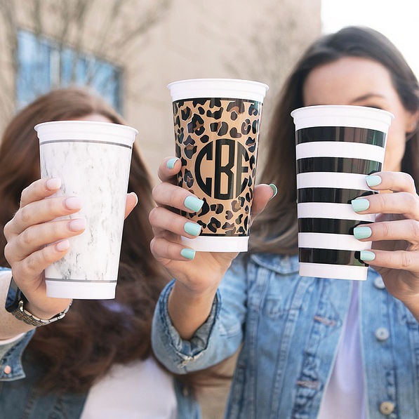 cup set with 3 tumblers in leopard, marble, and stripes
