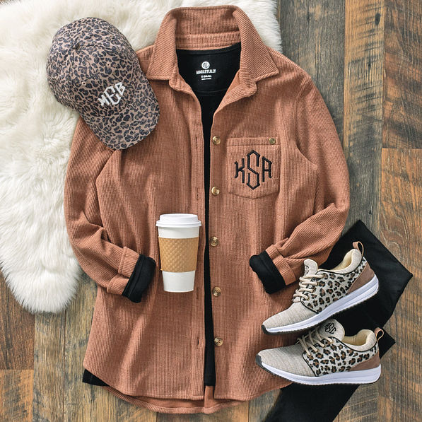 monogrammed corded shacket with leopard sneakers and leopard hat