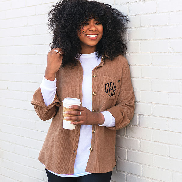 monogrammed corded shacket with white long sleeve shirt