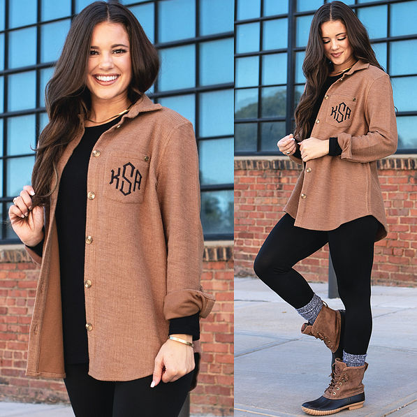 monogrammed corded shacket with black shirt, leggings and duck boots