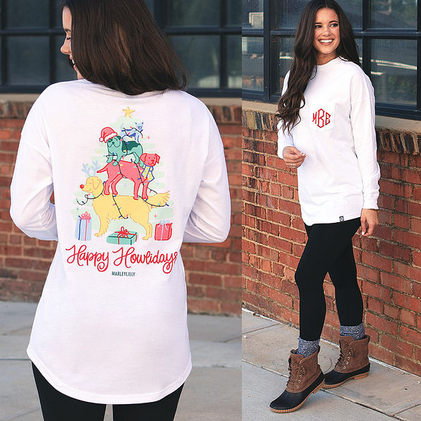 monogrammed long sleeve pocket tee with puppy dog tree