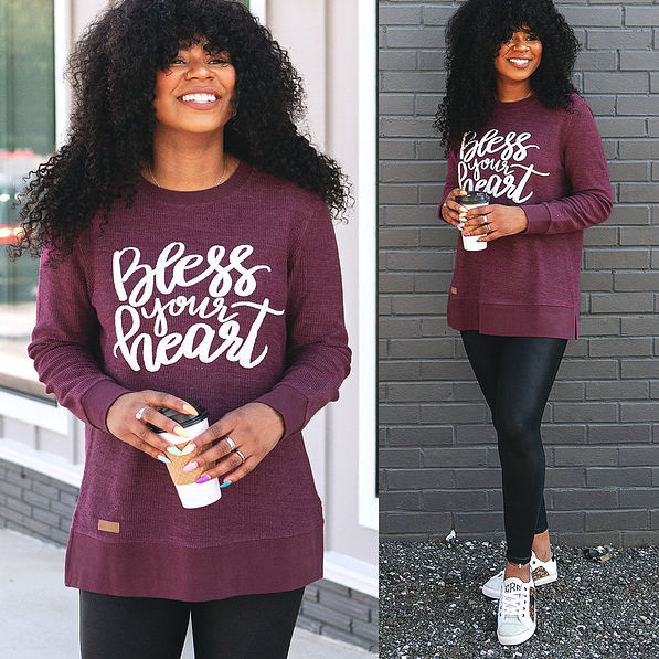 corded sweatshirt in wine with bless your heart lettering on front