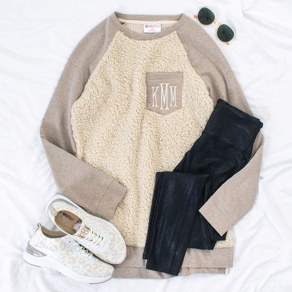 monogrammed sherpa raglan sweatshirt with monogrammed leopard sneakers