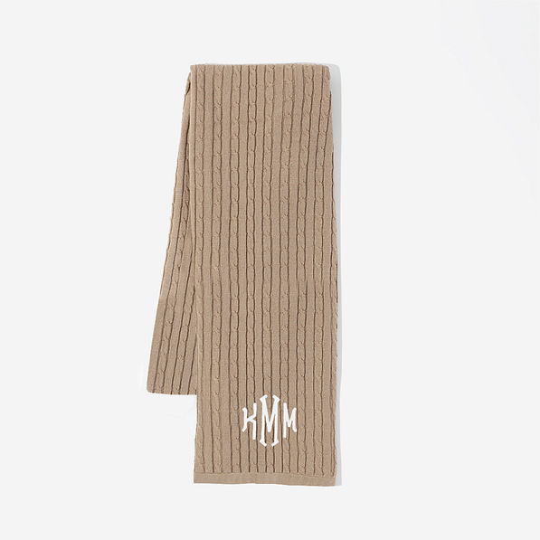 Monogrammed Cable Knit Scarf in Camel
