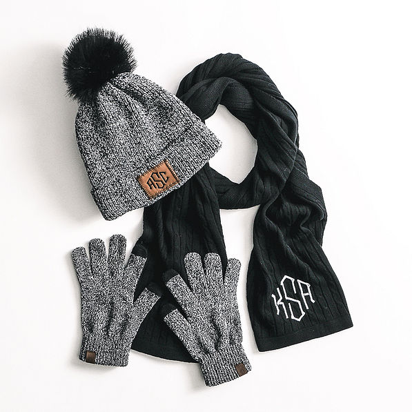 black monogrammed cable knit scarf with beanie and gloves