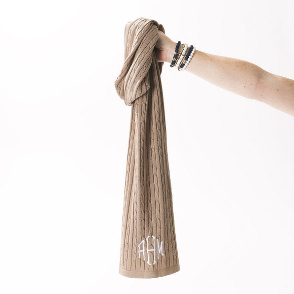 cable knit monogrammed scarf in tan