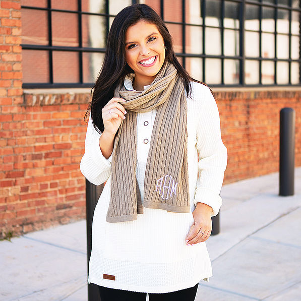 camel monogrammed scarf with sweater