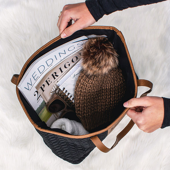 black and brown quilted travel tote inside shot