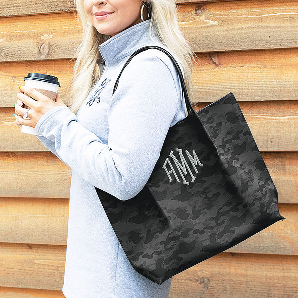Camo Tote over shoulder