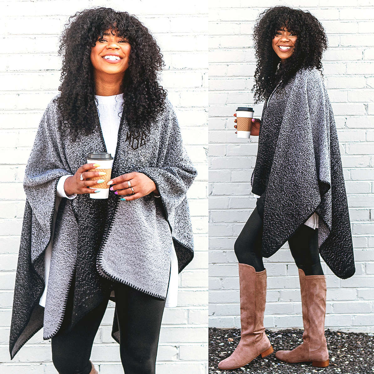 Black Monogrammed Ombre Poncho