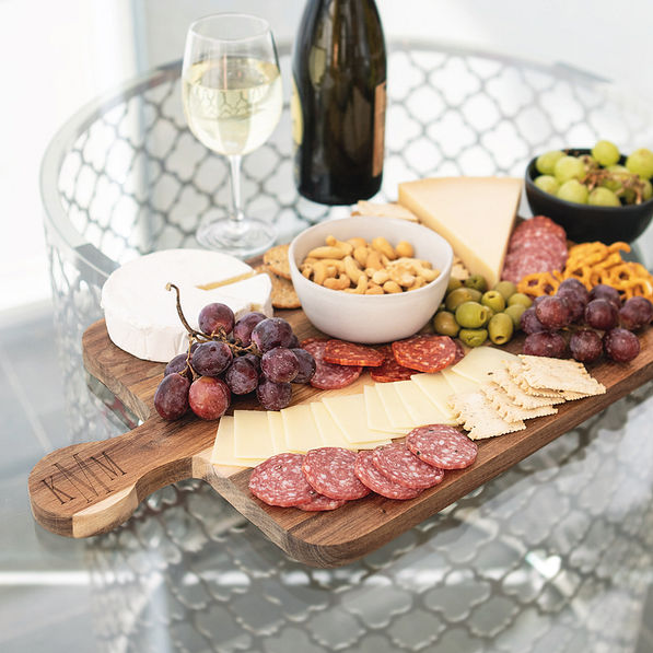 Monogrammed Charcuterie Board with wine bottle and glass