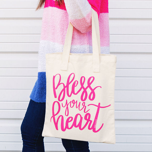 canvas tote with bless your heart graphic