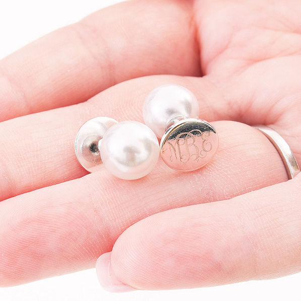 monogrammed silver pearl stud earrings set