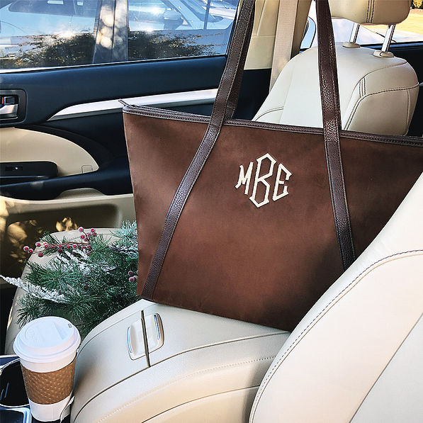 suede tote inside car
