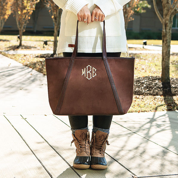 dark brown suede tote and duck boots
