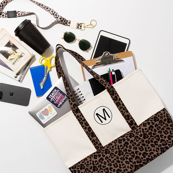 teacher spill shot monogrammed pattern canvas tote