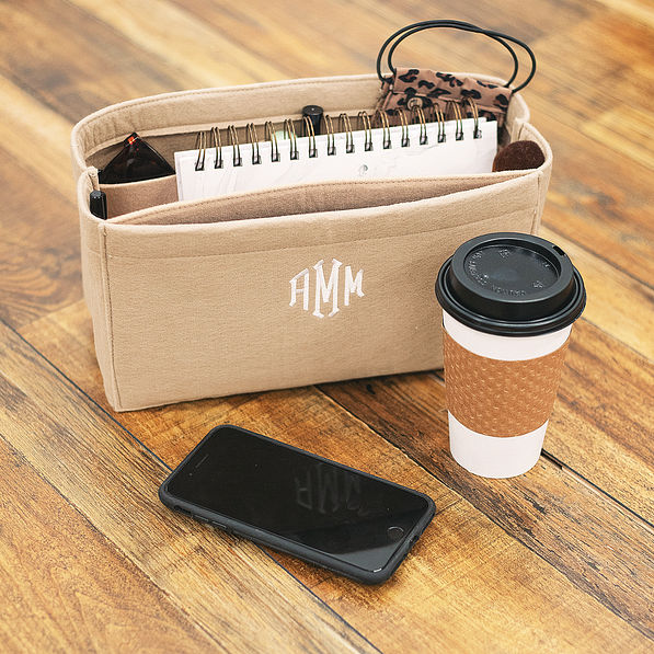 monogrammed tote organizer with coffee