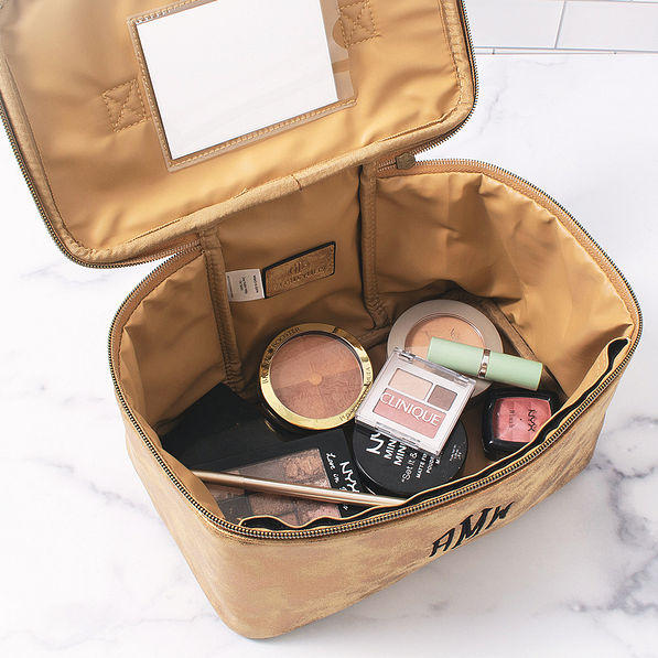 inside distressed metallic train case with mirror