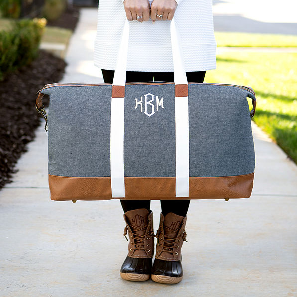 monogrammed chambray weekender front view