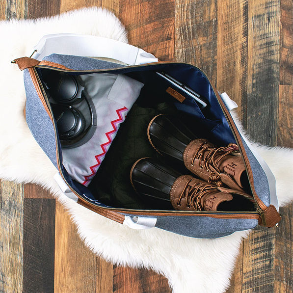 monogrammed chambray weekender open top view