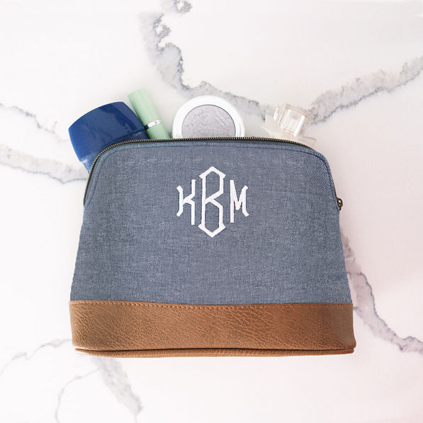 Monogrammed Chambray Cosmetic Case with makeup