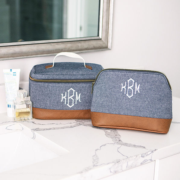 Chambray Train Case & Cosmetic Case on Sink