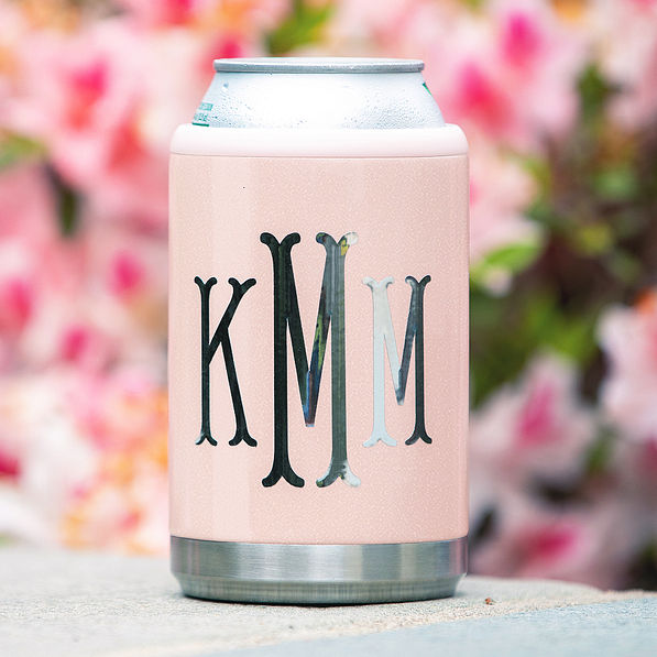 monogrammed blush can koolie with flowers