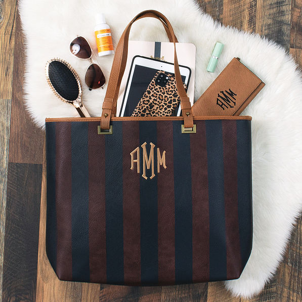 Monogrammed Metallic Striped Tote Bag with Wallet