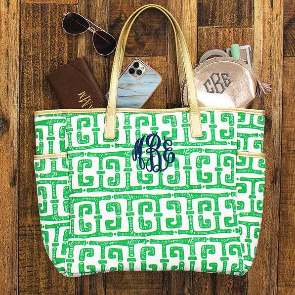 Monogrammed Boutique Green Tote Bag with Cosmetic bag and wallet