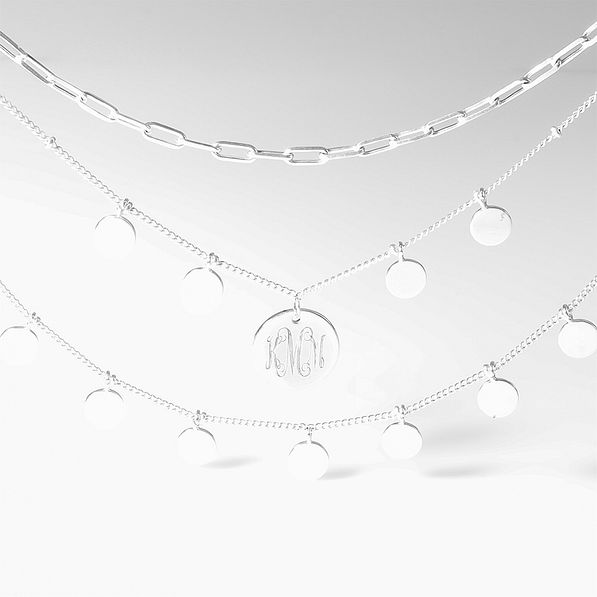 Detail shot of monogrammed triple layer necklace