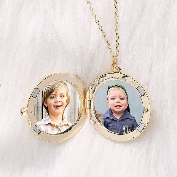 photos of kids in gold monogrammed locket necklace