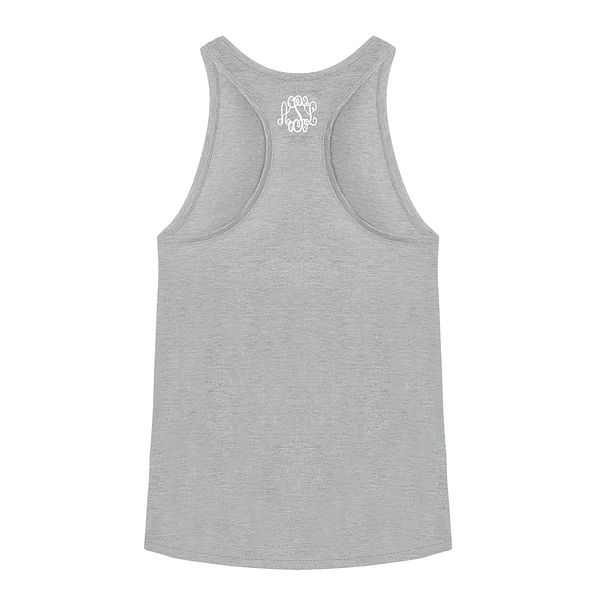 gray monogrammed racerback tank top