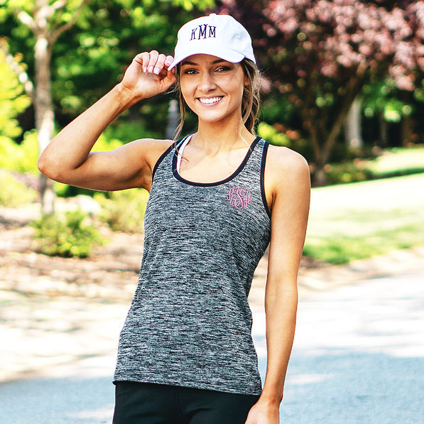 monogrammed athletic tank top with baseball hat