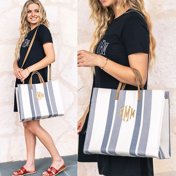 Girl holding striped handbag with ruffle dress