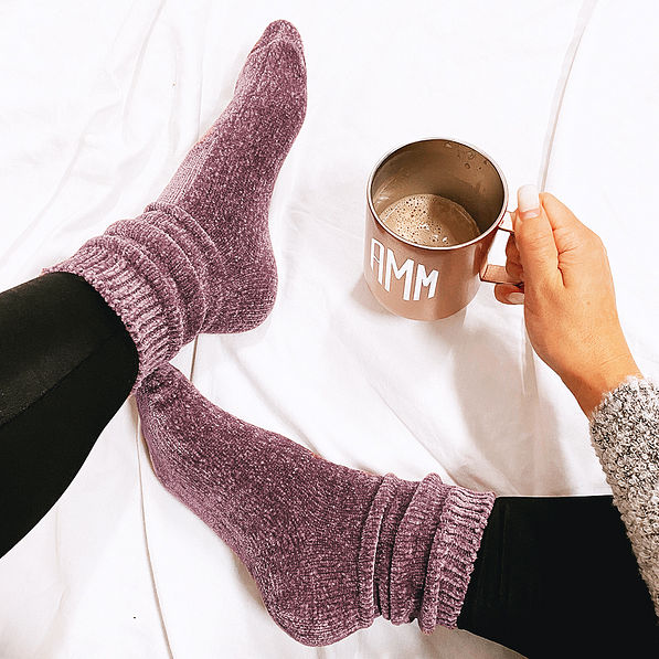 blush chenille socks with coffee