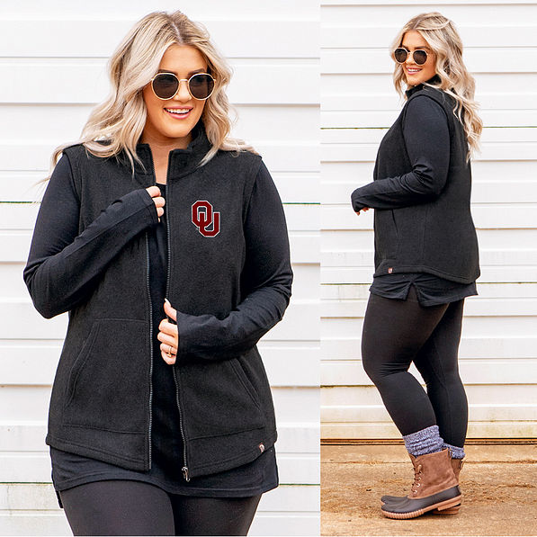 front and back of charcoal oklahoma fleece vest