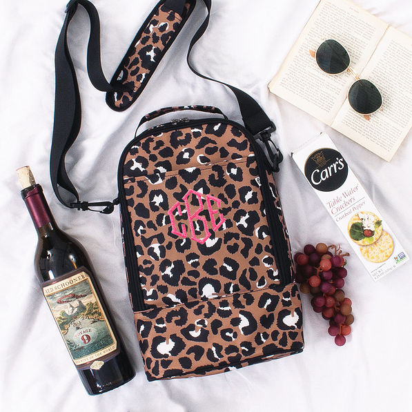 Pink Monogrammed Insulated Wine Bag in Leopard
