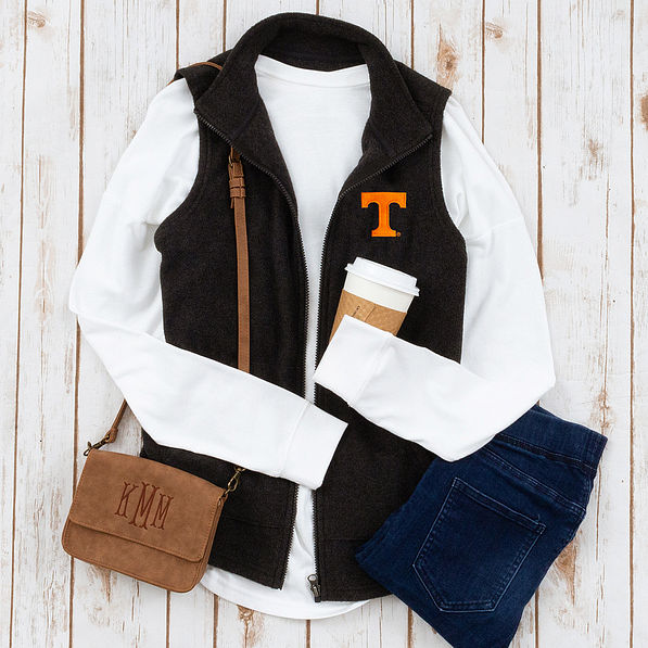 charcoal fleece vest outfit with tennessee logo