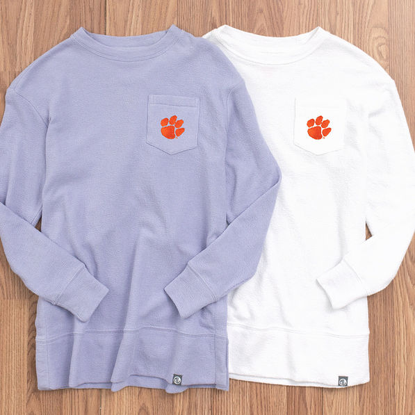 lavender and white clemson coastal crewnecks