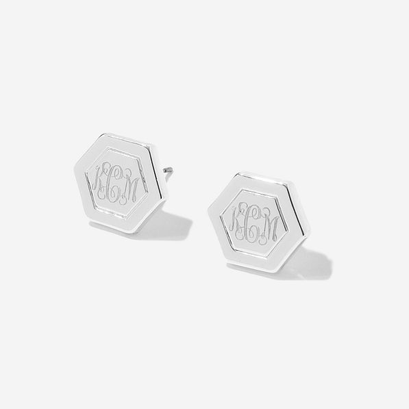 monogrammed hexagon earrings in silver