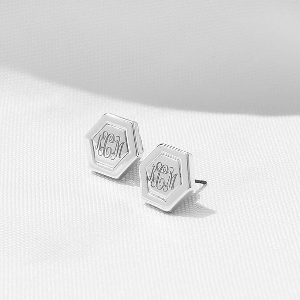 monogrammed hexagon earrings in silver