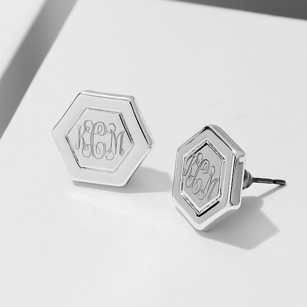 Monogrammed Hexagon Stud Earrings