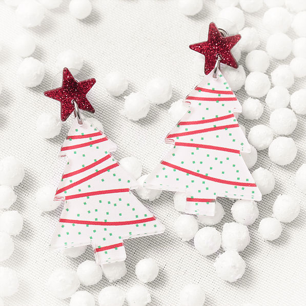 White Christmas Tree Resin Earrings with White Snowballs