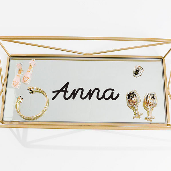 5 inch name sticker in black on jewlery tray