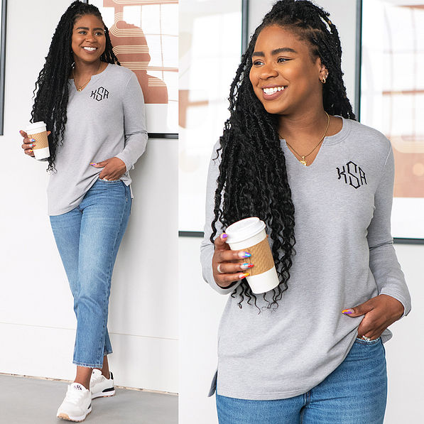 monogrammed v neck sweatshirt with jeans